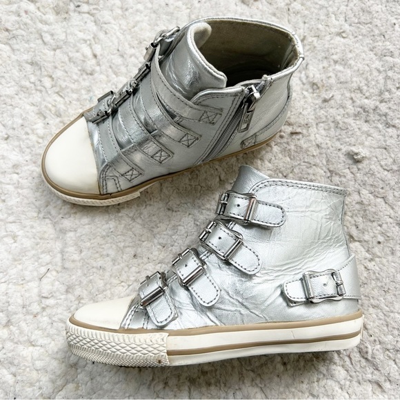 Ash Kids Silver Metallic Leather Vava Buckle Detailed Hightop Sneakers Sz 27 - Picture 1 of 10